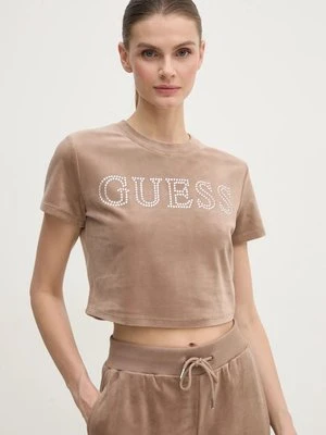 Guess t-shirt welurowy COUTURE kolor beżowy V3BI01 KBXI2