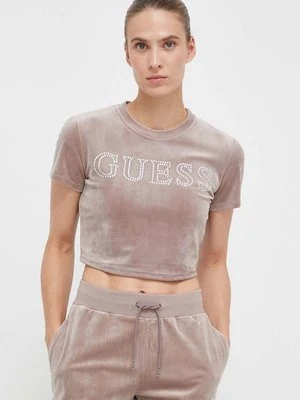 Guess t-shirt welurowy COUTURE kolor różowy V3BI01 KBXI2