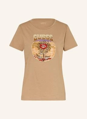 Guess T-Shirt Z Obszyciem Ozdobnymi Kamykami braun