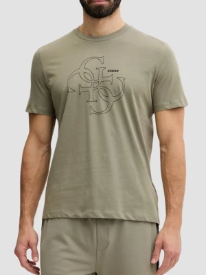 GUESS Zielony bawełniany t-shirt męski na krótki rękaw z wyszywanym logo 4G Tiberio, Rozmiar XXL