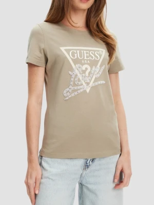 GUESS Zielony damski t-shirt Pearls Love, Rozmiar L