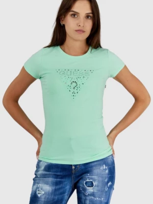 GUESS Zielony t-shirt damski z ażurowym logo
