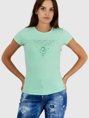 GUESS Zielony t-shirt damski z ażurowym logo, Rozmiar XS