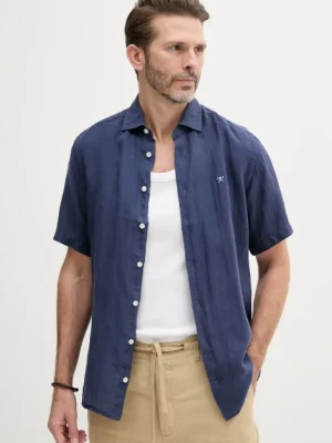 Hackett London koszula lniana męska kolor granatowy regular z kołnierzykiem klasycznym HM3010245