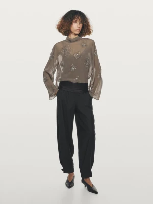 Haftowana Prześwitująca Bluzka - Norkowy - - Massimo Dutti - Kobieta