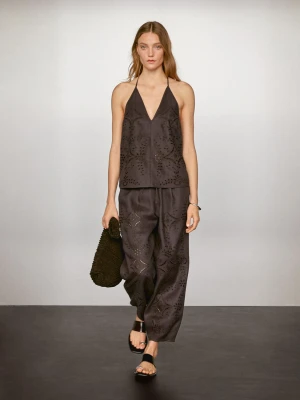 Haftowany Top Z Mieszanki Lnu - Czekoladowy - - Massimo Dutti - Kobieta