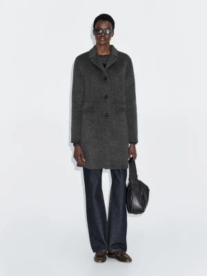 Half Lapel Wool Blend Coat - Szary - - Massimo Dutti - Female