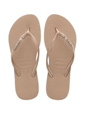 Havaianas japonki SLIM METAL LOGO AND CRYSTAL damskie kolor beżowy na płaskim obcasie 4129769-3581