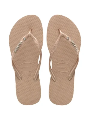Havaianas japonki SLIM METAL LOGO AND CRYSTAL damskie kolor beżowy na płaskim obcasie 4129769-3581