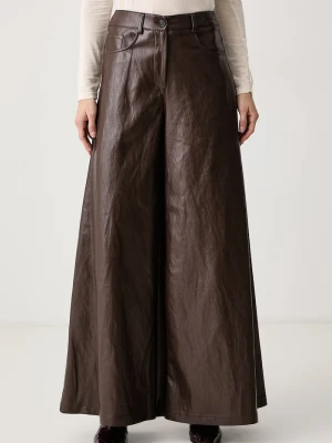 Haveone spodnie wide leg damskie z imitacji skóry brązowy