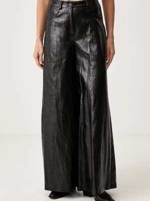 Haveone spodnie wide leg damskie z imitacji skóry czarny