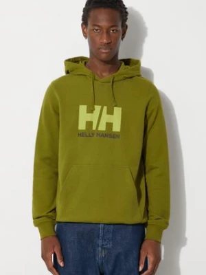 Helly Hansen bluza bawełniana HH LOGO HOODIE męska kolor zielony z kapturem z aplikacją 33977