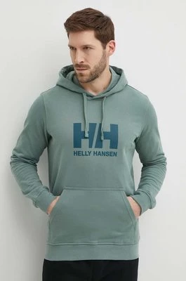 Helly Hansen bluza bawełniana HH LOGO HOODIE męska kolor zielony z kapturem z aplikacją
