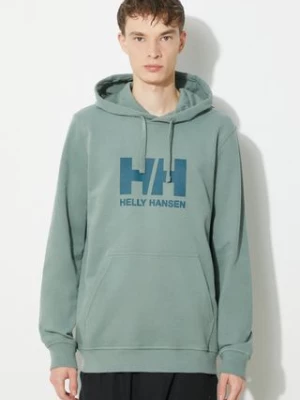 Helly Hansen bluza bawełniana HH LOGO HOODIE męska kolor zielony z kapturem z aplikacją