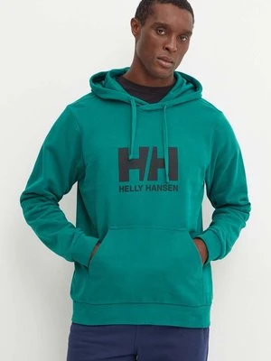 Helly Hansen bluza bawełniana HH LOGO męska kolor zielony z kapturem z nadrukiem 30394