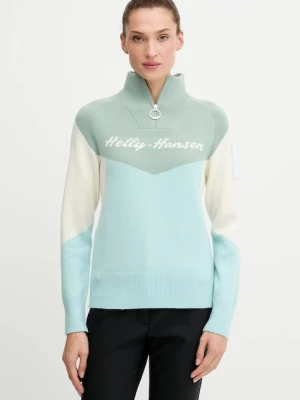 Helly Hansen sweter Apres damski kolor zielony ciepły z golfem 66029