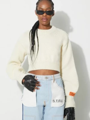 Heron Preston sweter wełniany Crop Crewneck Back Cut Out damski kolor beżowy ciepły HWHE021F23KNI0010400