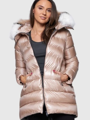 HETREGO Beżowa damska długa kurtka puchowa Hygiea z lisem, Rozmiar 40 EU - 44 IT
