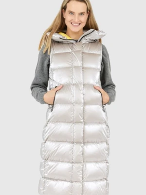 HETREGO Beżowy błyszczący płaszcz damski puchowy z odpinanymi rękawami summer, Rozmiar 36 EU - 40 IT