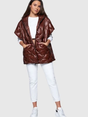 HETREGO Brązowy damski puchowy bezrękawnik Ginger z kapturem, Rozmiar M