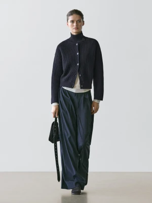 High-Neck Cotton Knit Cardigan - Granatowy - - Massimo Dutti - Kobieta