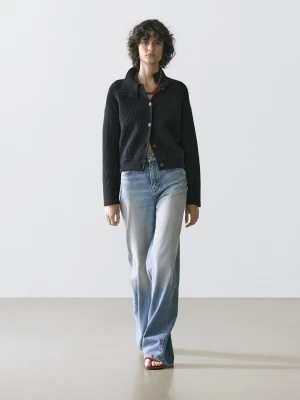 High-Neck Cotton Knit Cardigan - Granatowy - - Massimo Dutti - Kobieta