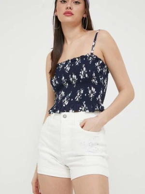 Hollister Co. szorty jeansowe damskie kolor beżowy gładkie high waist