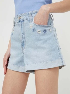 Hollister Co. szorty jeansowe damskie kolor niebieski z aplikacją high waist