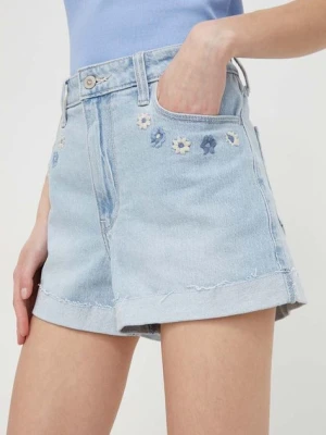 Hollister Co. szorty jeansowe damskie kolor niebieski z aplikacją high waist