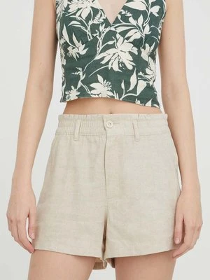 Hollister Co. szorty lniane kolor beżowy gładkie high waist