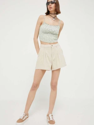 Hollister Co. szorty z domieszką lnu kolor brązowy gładkie high waist