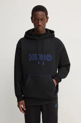 Hugo Blue bluza bawełniana męska kolor czarny z kapturem z aplikacją 50521697