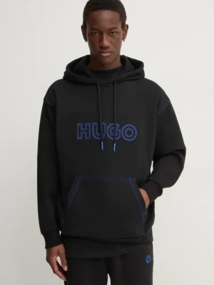 HUGO Blue bluza bawełniana męska kolor czarny z kapturem z aplikacją 50521697