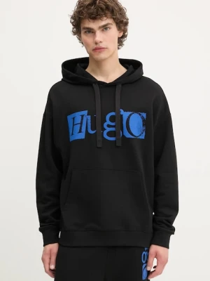 Hugo Blue bluza bawełniana męska kolor czarny z kapturem z nadrukiem 50542796