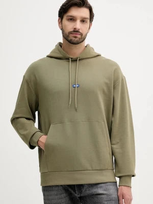 Hugo Blue bluza bawełniana męska kolor zielony z kapturem gładka