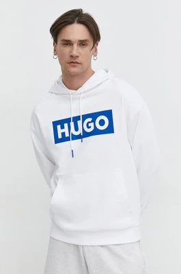 Hugo Blue bluza męska kolor biały z kapturem z nadrukiem