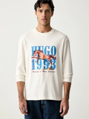 HUGO Blue longsleeve męski bawełniany Nevalon beżowy