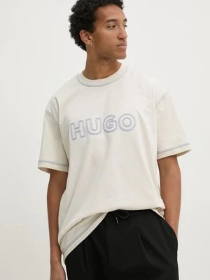 Hugo Blue t-shirt bawełniany męski kolor beżowy z aplikacją 50521686