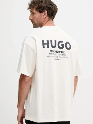 Hugo Blue t-shirt bawełniany męski kolor beżowy z nadrukiem