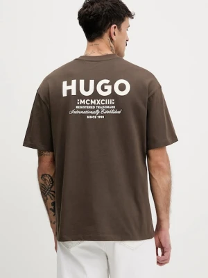 Hugo Blue t-shirt bawełniany Nalono męski kolor brązowy z nadrukiem