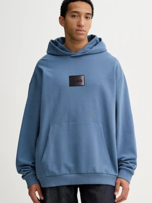 HUGO bluza bawełniana Danohood męska kolor niebieski z kapturem z nadrukiem 50553145