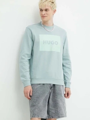 HUGO bluza bawełniana męska kolor turkusowy z nadrukiem