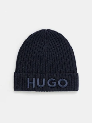HUGO czapka wełniana kolor granatowy z cienkiej dzianiny wełniana 50527804