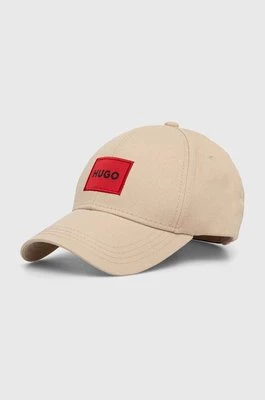 HUGO czapka z daszkiem bawełniana kolor beżowy z aplikacją 50492745