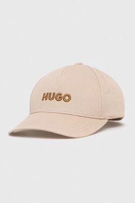 HUGO czapka z daszkiem bawełniana kolor beżowy z aplikacją