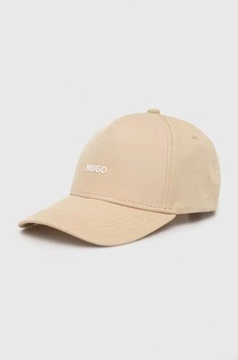 HUGO czapka z daszkiem bawełniana kolor beżowy z nadrukiem 50508845