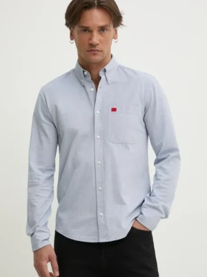 HUGO koszula bawełniana męska kolor niebieski slim z kołnierzykiem button-down