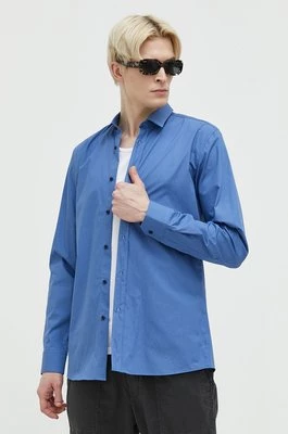 HUGO koszula bawełniana męska kolor niebieski slim z kołnierzykiem klasycznym
