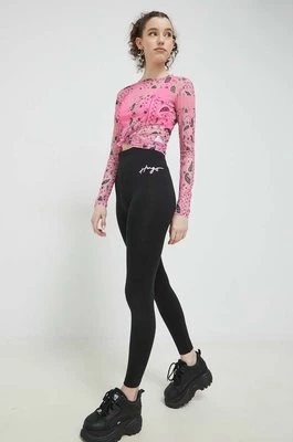 HUGO legginsy damskie kolor czarny z nadrukiem