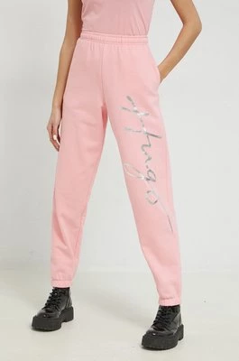 HUGO spodnie dresowe bawełniane damskie kolor różowy z nadrukiem